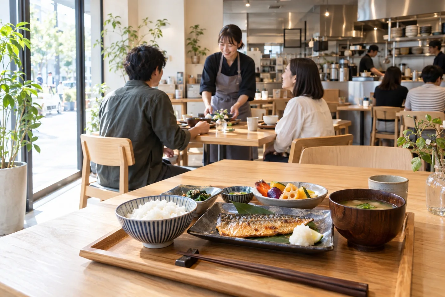 明るい飲食店で食事の時間を過ごす風景。イメージ写真